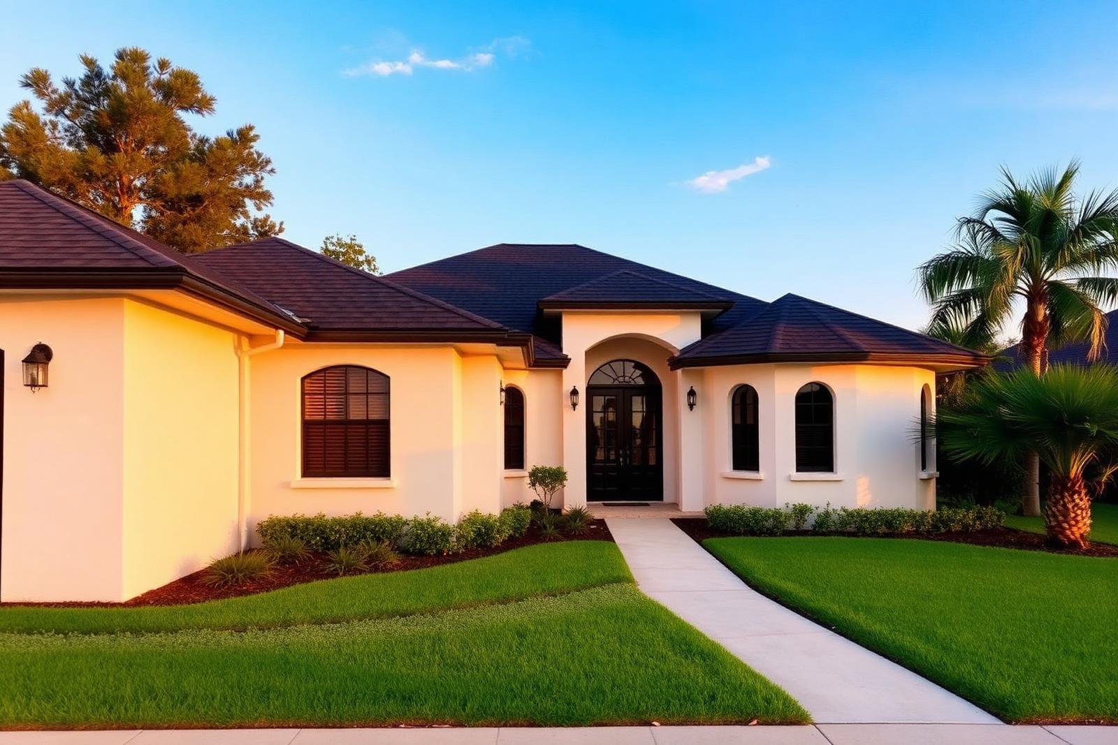 White coastal Florida home exterior with palm trees at sunset