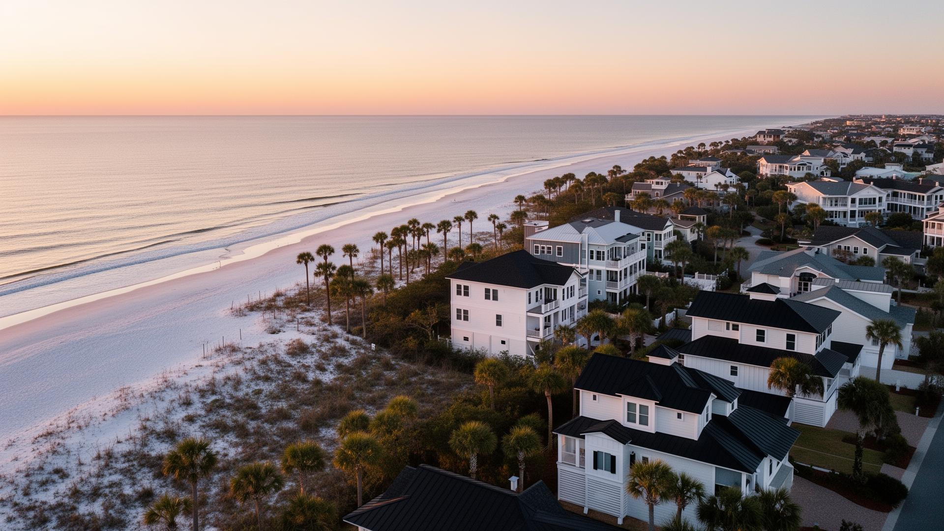 Aerial view of a Pensacola Florida coastal neighborhood at sunset